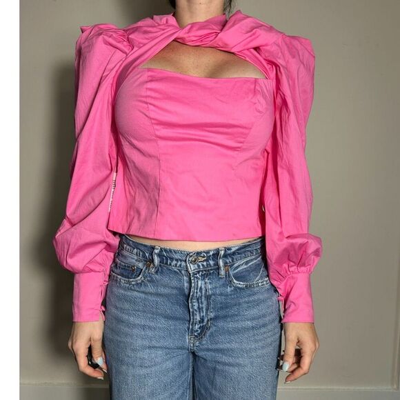 ASOS Luxe Hot Pink Puffy Sleeve Corset Style Top With Bow Size 8 NWT - Picture 2 of 5